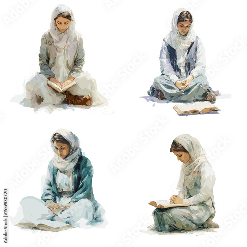 Muslim women wearing hijabs reading or studying peacefully, seated in calm postures, illustrated in a gentle and respectful watercolor art style.

