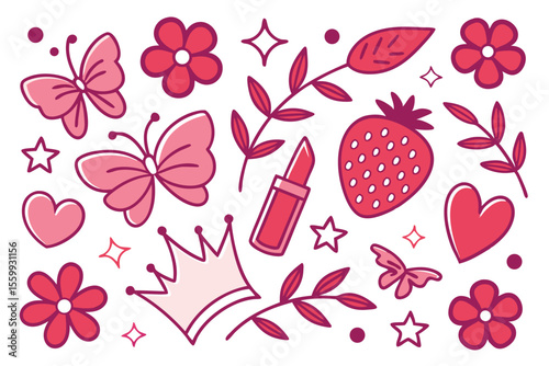 Vibrant Girlish Colorful Clipart Feminine Floral & Butterfly Design Elements