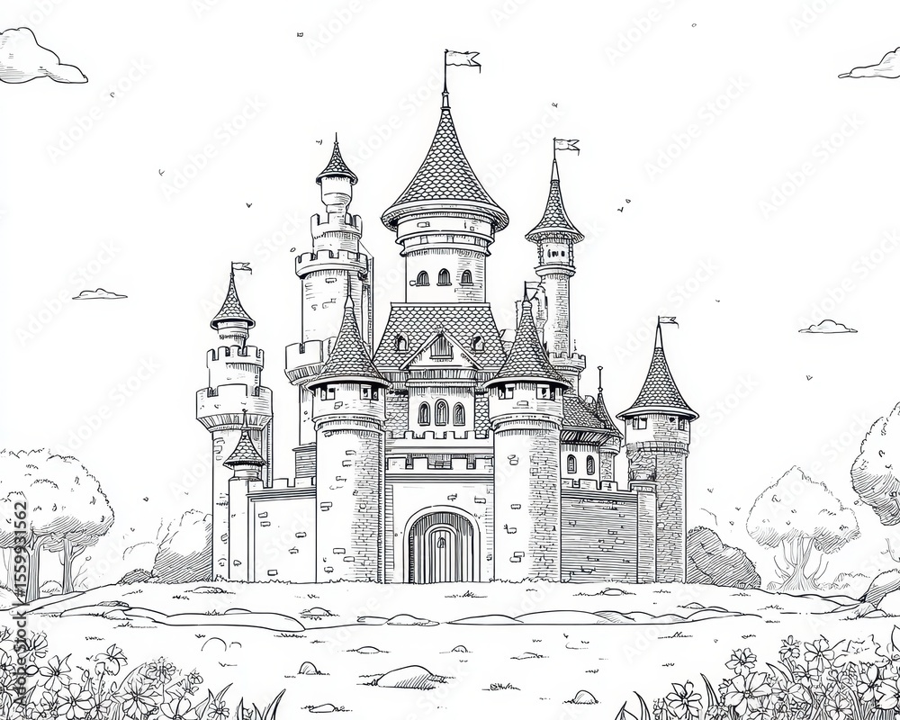 Fototapeta premium Castle Doodle. Magical Fairytale Kingdom Cartoon Illustration with Medieval Architecture