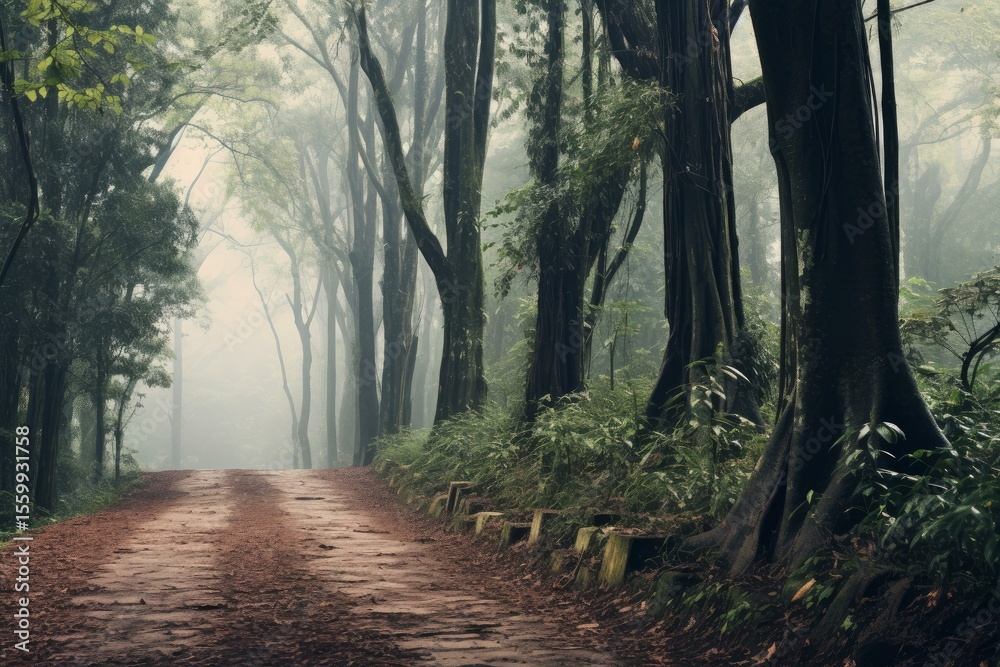 Fototapeta premium Dirt road going through a green forest with fog and tall trees