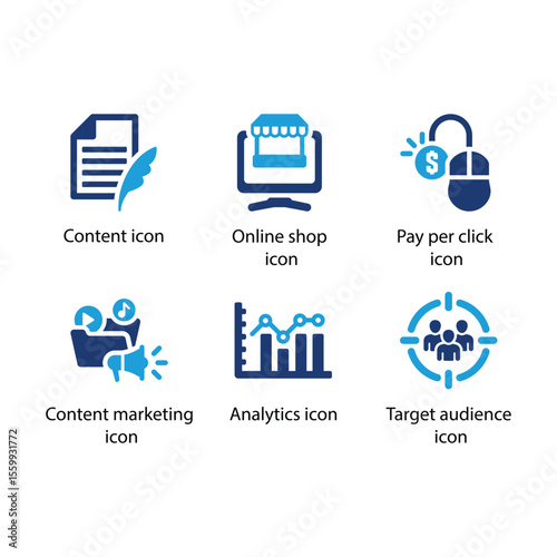 Content, Online shop, Pay per click, Content marketing, Analytics, Target audience icon