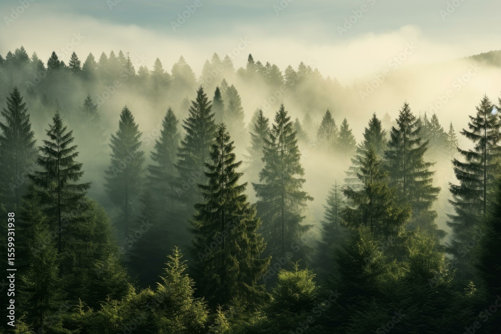 Fototapeta premium Scenic landscape of a coniferous forest covered by a thick fog at dawn