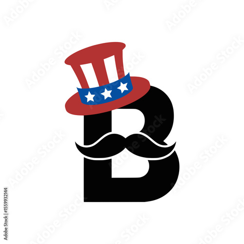Letter B with Patriotic Hat and Mustache Illustration, Bold letter B decorated with an Uncle Sam hat and mustache, ideal for American-themed events, Independence Day, and creative patriotic graphics.
