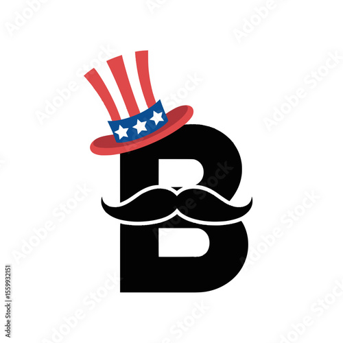 Letter B with Patriotic Hat and Mustache Illustration, Bold letter B decorated with an Uncle Sam hat and mustache, ideal for American-themed events, Independence Day, and creative patriotic graphics.
