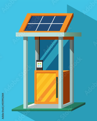 A sleek and modern phone booth with a solar panel roof allowing users to make calls and charge their phone at the same time a truly selfsufficient communication spot.. Vector illustration