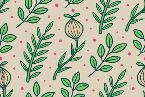 Botanical Illustration Seamless Pattern Herbs, Vegetables, and Spices