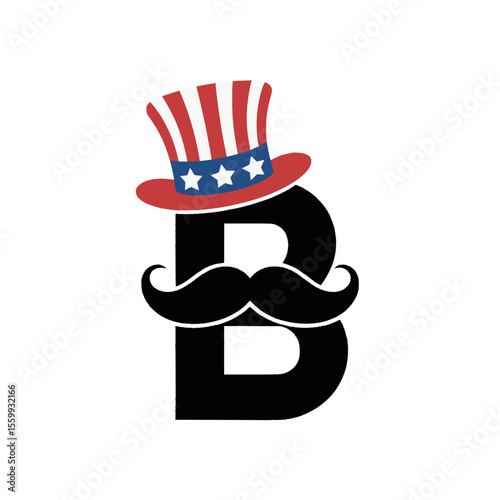 Letter B with Patriotic Hat and Mustache Illustration, Bold letter B decorated with an Uncle Sam hat and mustache, ideal for American-themed events, Independence Day, and creative patriotic graphics.
