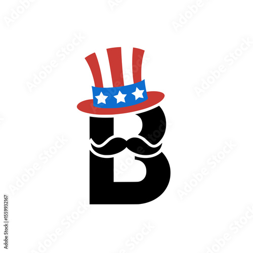 Letter B with Patriotic Hat and Mustache Illustration, Bold letter B decorated with an Uncle Sam hat and mustache, ideal for American-themed events, Independence Day, and creative patriotic graphics.
