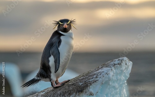 Erect Eudyptes Penguin on Ice Floe at Dawn
