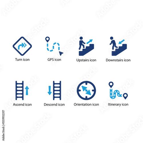 Turn, GPS, Upstairs, Downstairs, Ascend, Descend, Orientation, Itinerary icon