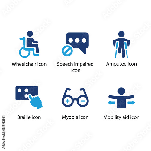 Wheelchair, Speech impaired, Amputee, Braille, Myopia, Mobility aid icon
