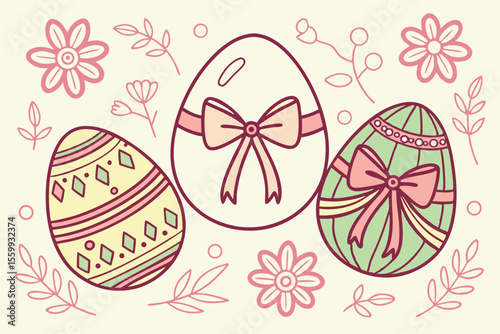 Pastel Easter Eggs with Bows and Floral Pattern Seamless Design