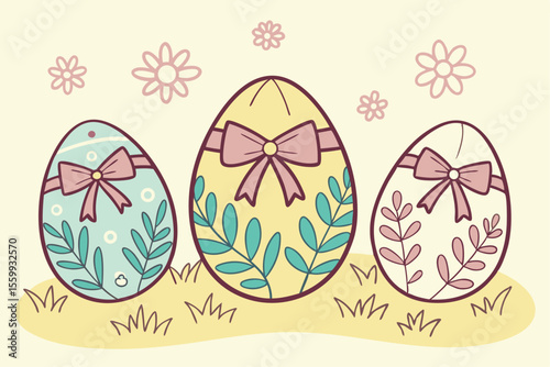 Adorable Easter Eggs with Bows and Plant Pattern Seamless Design