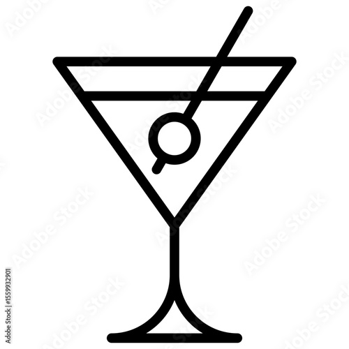 Martini Outline Icon Vector Design - Martini glass with olive and straw, commonly used to depict cocktails or nightlife