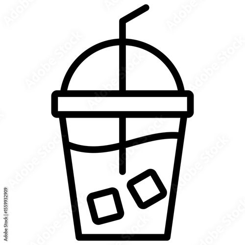 Iced Beverage Outline Icon Vector Design - Cold drink in a takeaway cup with straw and ice cubes, suitable for smoothies or iced coffee