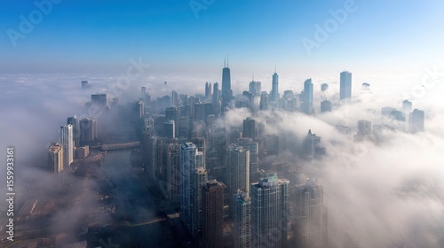 Chicago Drone: Dreamy Fog Over Cityscape Skyline and River