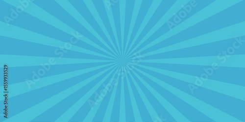 Retro comic book burst design in teal and light blue with sunbeams radial rays and textured illustration suitable for posters and announcements.