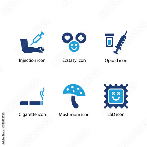 Injection, Ecstasy, Opioid, Cigarette, Mushroom, LSD icon