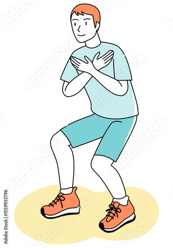 Young man doing squats-line art fitness vector illustration