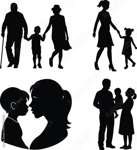 Vector art of a heartwarming collection of family silhouettes, isolated on white background, showcases various generations bonding, from grandparents to young children