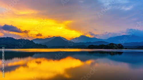 Serene sunset over tranquil lake reflecting mountains and colorful sky, peaceful ambiance