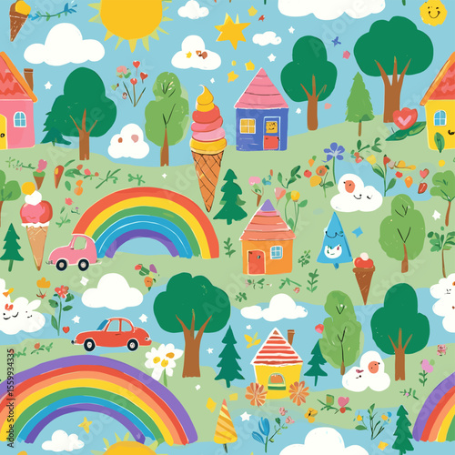 Whimsical Cartoon Landscape with Rainbows, Ice Cream Cones, and Colorful Houses in a Vibrant Fantasy World