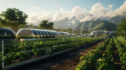 Futuristic agriculture featuring greenhouse structures in a rural landscape
