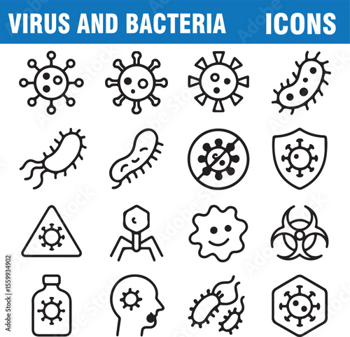 Virus and Bacteria Icon Set  Pathogen Symbols, Biohazard, Medicine & Microorganism Graphics