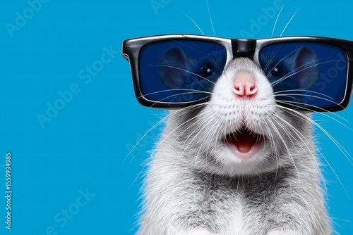 Cool white rat wearing sunglasses with a surprised expression on blue background