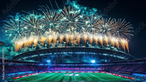 Fireworks over a stadium, packed with fans under a dark night sky
