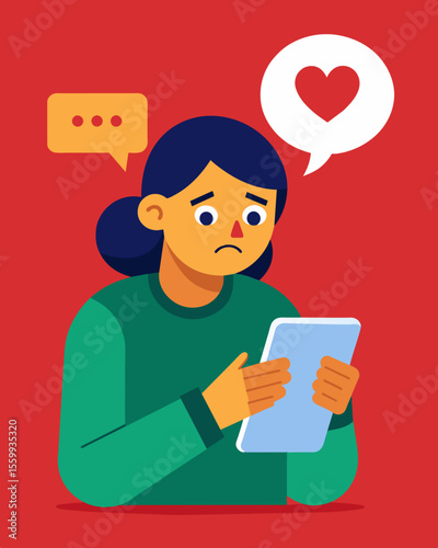 A sad expression crosses a persons face as they read through a thread of hurtful replies and mockery on their social media post.. Vector illustration