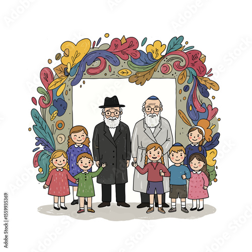 Jewish grandparents with children at celebration surrounded by flowers  