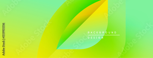 Abstract gradient background features overlapping leaf shapes. Vivid green, yellow hues create dynamic visual effect. Modern design element.