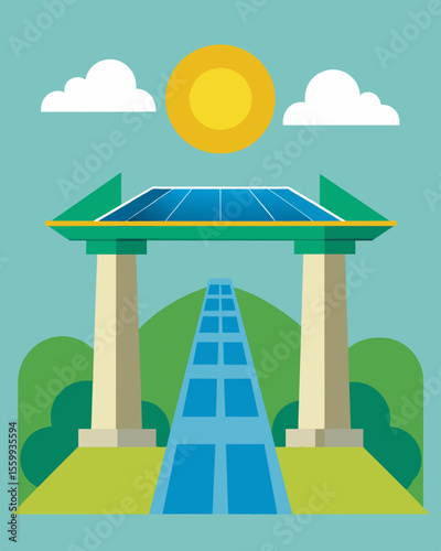 An iconic bridge its pillars now adorned with discreetly p solar panels symbolizing a path towards a greener future while preserving the past.. Vector illustration