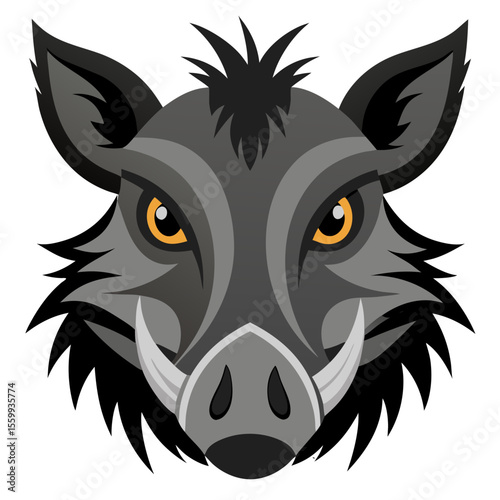 A stylized wild boar or warthog head illustration with geometric design featuring gray and black coloring, orange eyes, pointed ears, prominent snout with tusks, and spiky fur details.