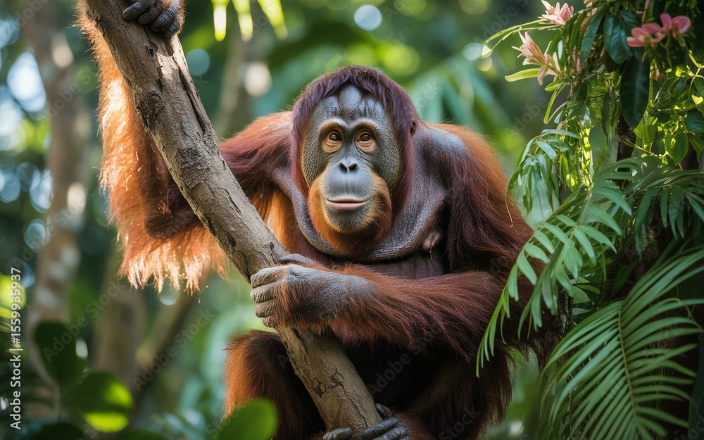 Obraz premium Orangutan's Gentle Gaze: A Portrait in Lush Greenery