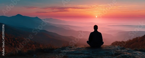 Self reset concept. A serene person meditates at sunset overlooking mountains.