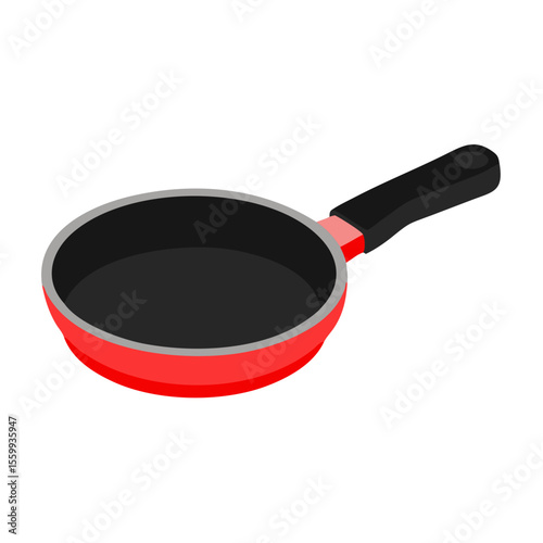 Red frying pan with black handle isolated on transparent background
