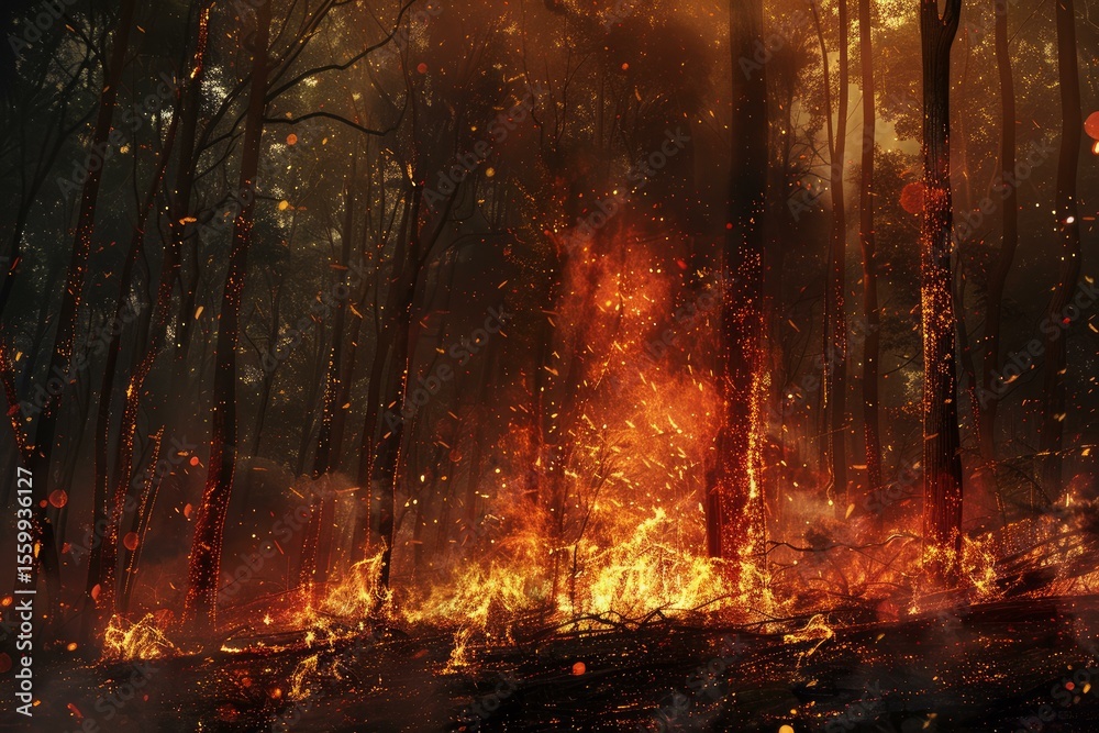 Fototapeta premium Intense flames engulf a forest, causing widespread devastation and highlighting the dangers of wildfires