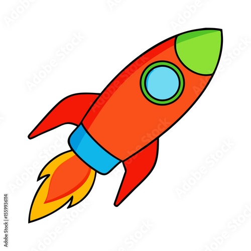 Cartoon rocket ship launching with flames and window isolated on transparent background