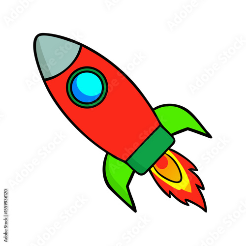 Cartoon red rocket ship with green fins and blue window isolated on transparent background