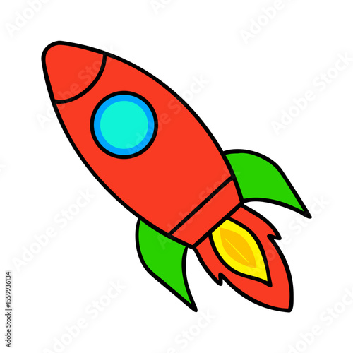 Cartoon red rocket ship launching with green fins and fiery exhaust isolated on transparent background