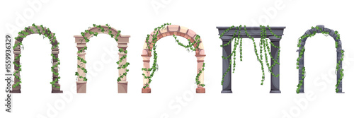 Stone arches with plants. Climbing vines and ivy, medieval and antique gates, overgrown ancient entrances, gothic cathedral brick doorway with leaves, architecture tidy vector isolated set