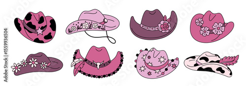 Pink cowboy hats. Glamour coquette design, cowgirl disco accessories, retro western headwear, fashion girly isolated elements, ranch decorative costume with flowers garish vector set
