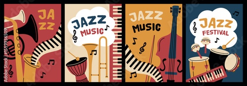 Musical instruments cards. Jazz festival equipment, acoustic, electric tools, live concert flyer, club event announcement, party creative invitation, garish vector cartoon set