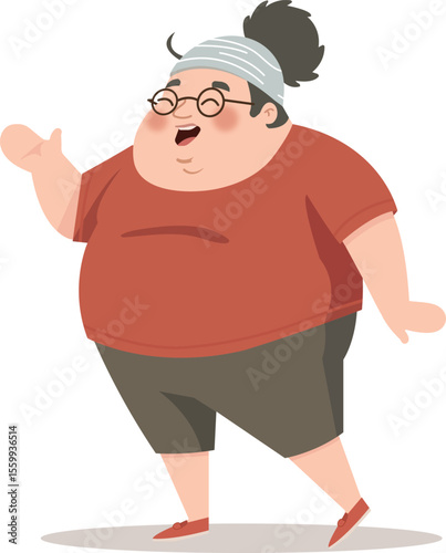 Happy chubby woman with glasses and hair tied up in a bun, wearing casual clothes, expressing joy.