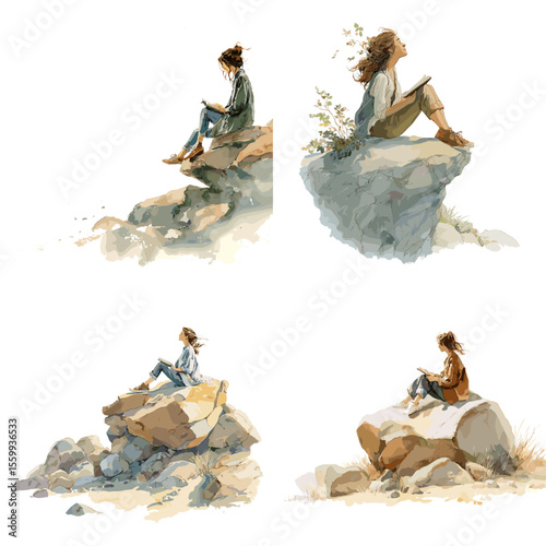 Illustration of women reading on rocky cliffs in serene nature settings, portrayed in peaceful and artistic hand-drawn watercolor style.


