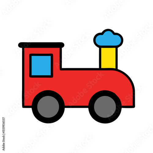 Simple red cartoon train with blue window and yellow chimney isolated on transparent background