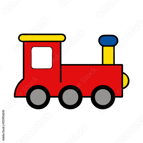 Cute cartoon red toy train with yellow and blue accents isolated on transparent background