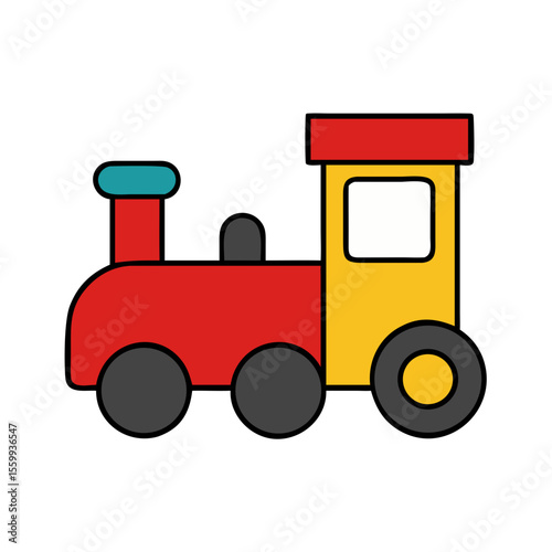 Cute cartoon toy train with red engine and yellow carriage isolated on transparent background